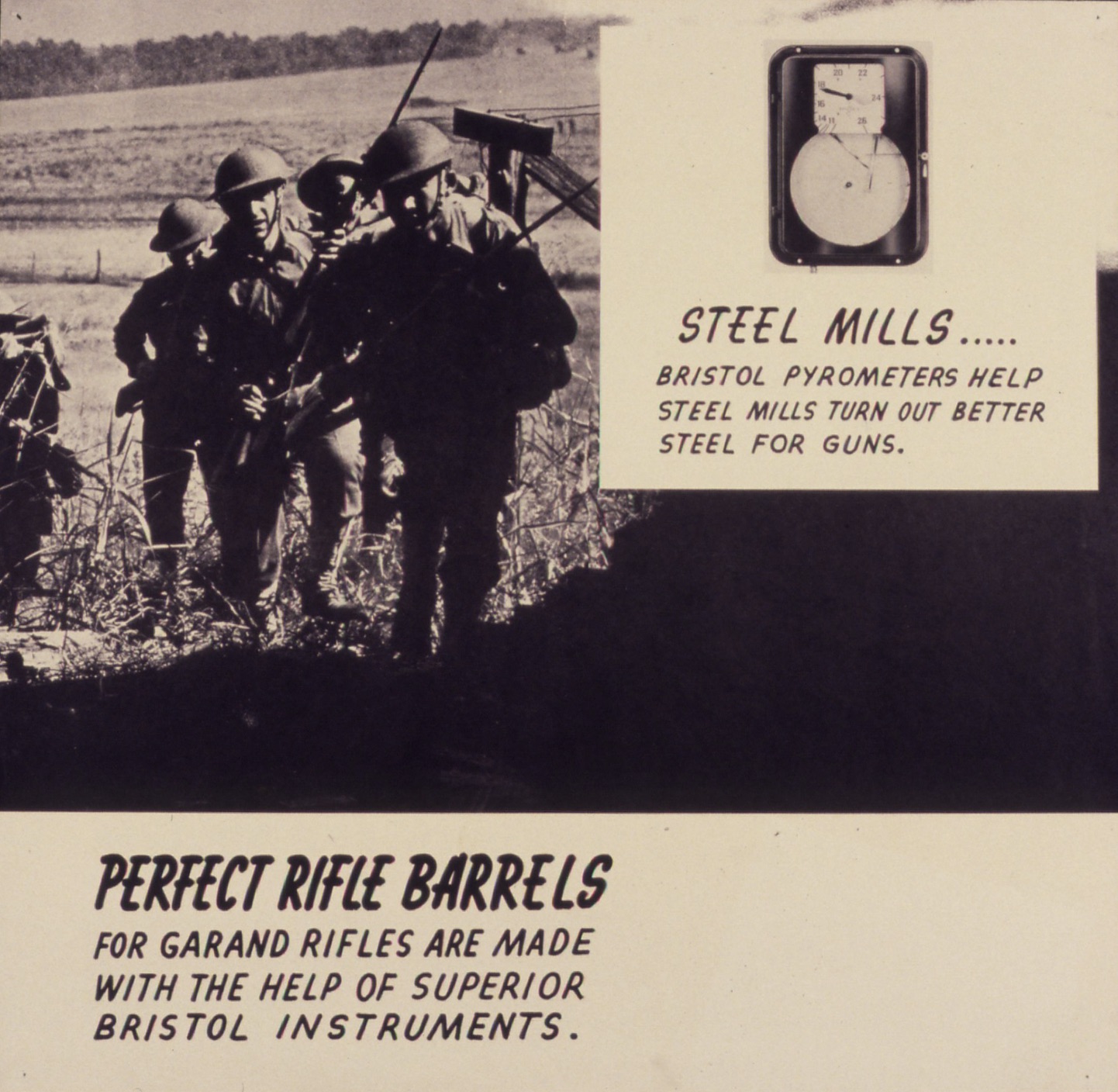 A Bristol Pyrometer Company advertisement highlighting the use of the company's pyrometer in manufacturing barrels for the M1 Garand. 